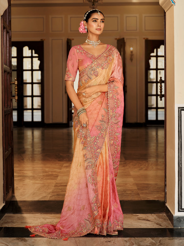 pink silk saree wedding festive zari weaving khatli work heavy embroidery