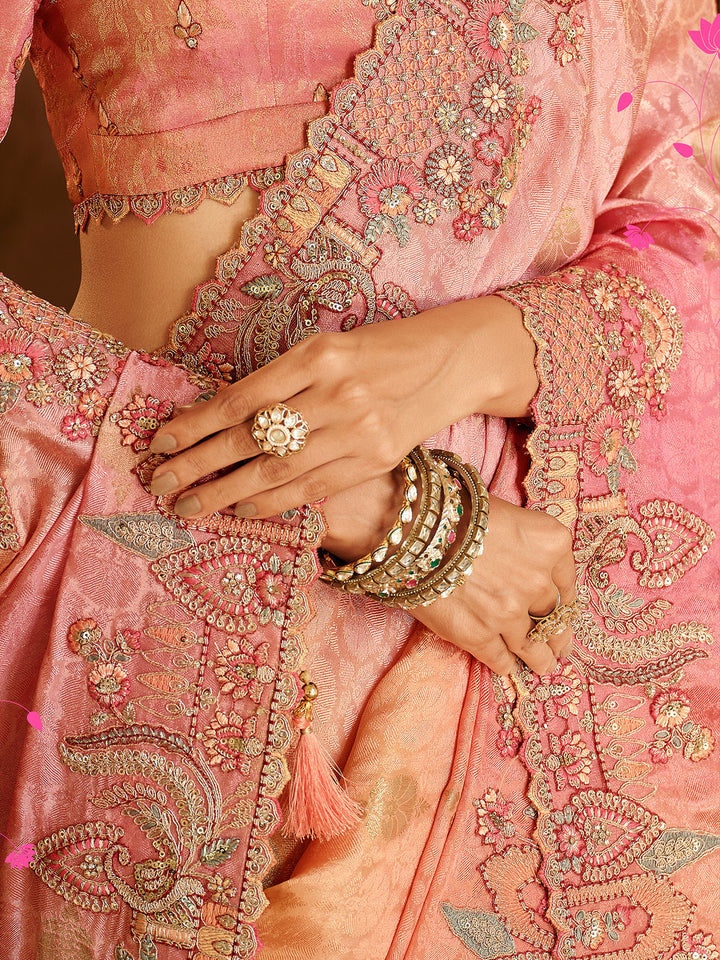 pink silk saree wedding festive zari weaving khatli work heavy embroidery