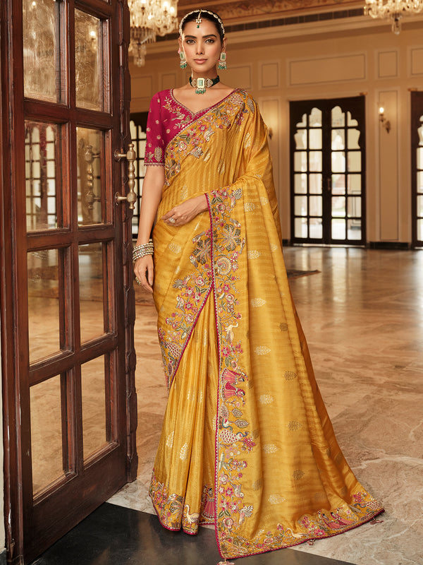Golden Silk Saree with Zari Weaving and Khatli Work | Pink Contrast Blouse | Wedding & Festive Wear