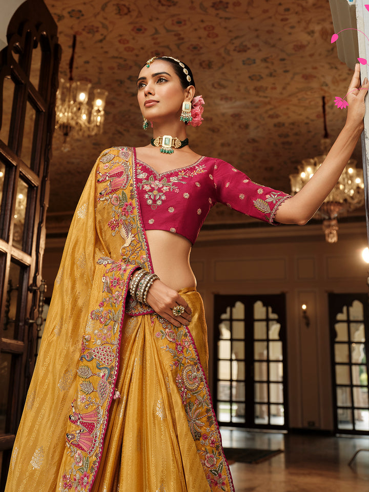 Golden Silk Saree with Zari Weaving and Khatli Work | Pink Contrast Blouse | Wedding & Festive Wear