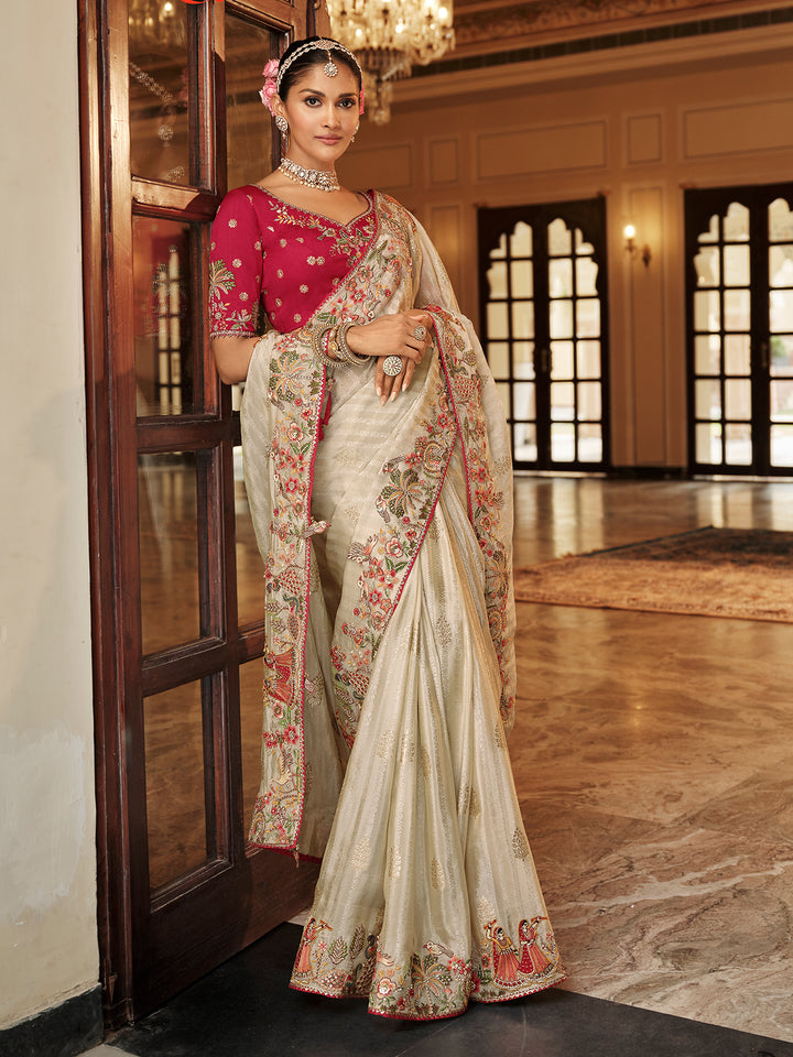 Luxury Off White Silk Saree with Zari Weaving and Heavy Khatli Work - Pink Contrast Blouse
