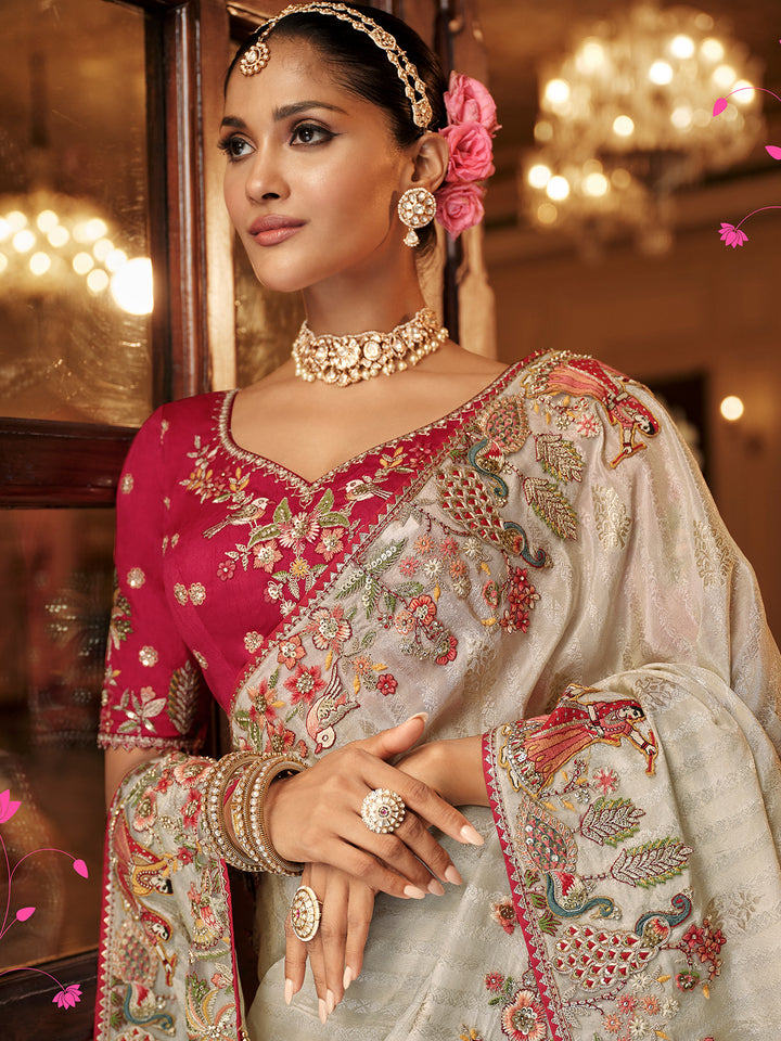 Luxury Off White Silk Saree with Zari Weaving and Heavy Khatli Work - Pink Contrast Blouse