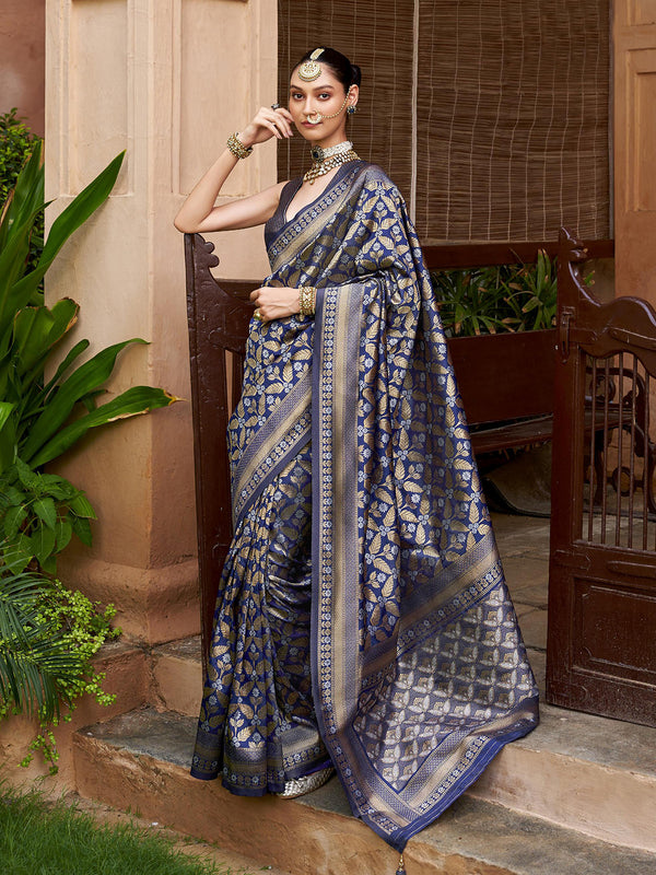 Designer Weeding Deep Navy Blue Saree In Banarasi Silk