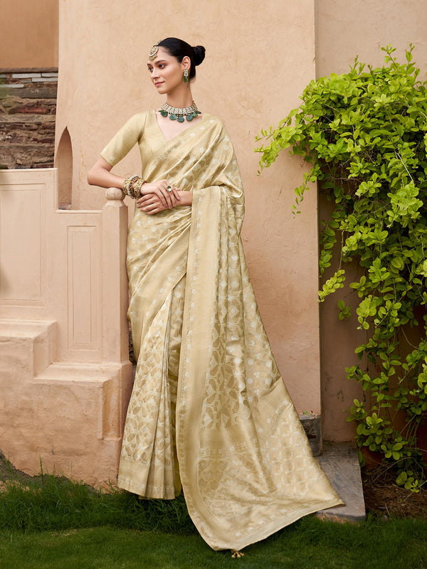 Beige-Golden Banarasi SIlk Designer Weeding Saree