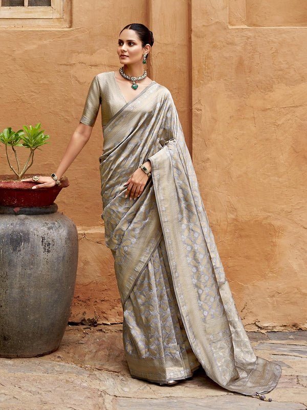 Fancy Grey Designer Banarasi Silk Weeding Saree