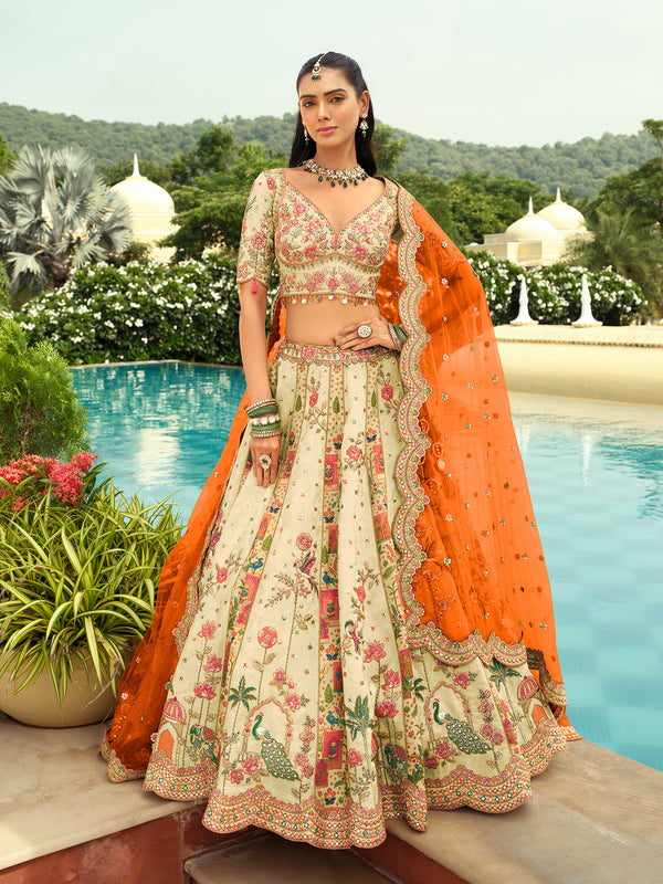 Off-White Silk Lehenga Choli with Orange Dupatta for Wedding Wear | Heavy Embroidery Mirror Work