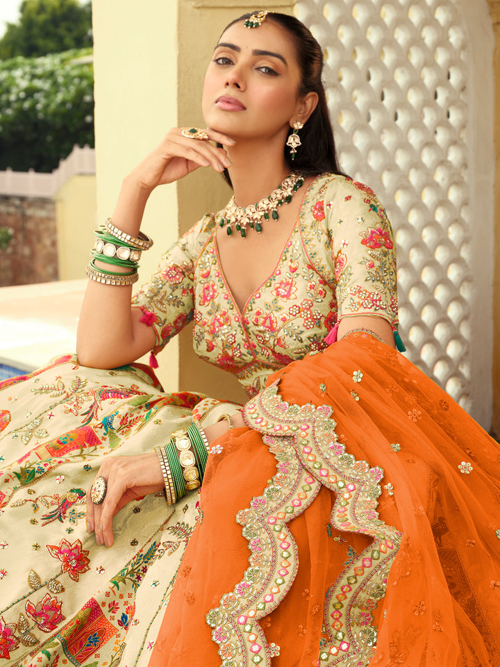 Off-White Silk Lehenga Choli with Orange Dupatta for Wedding Wear | Heavy Embroidery Mirror Work