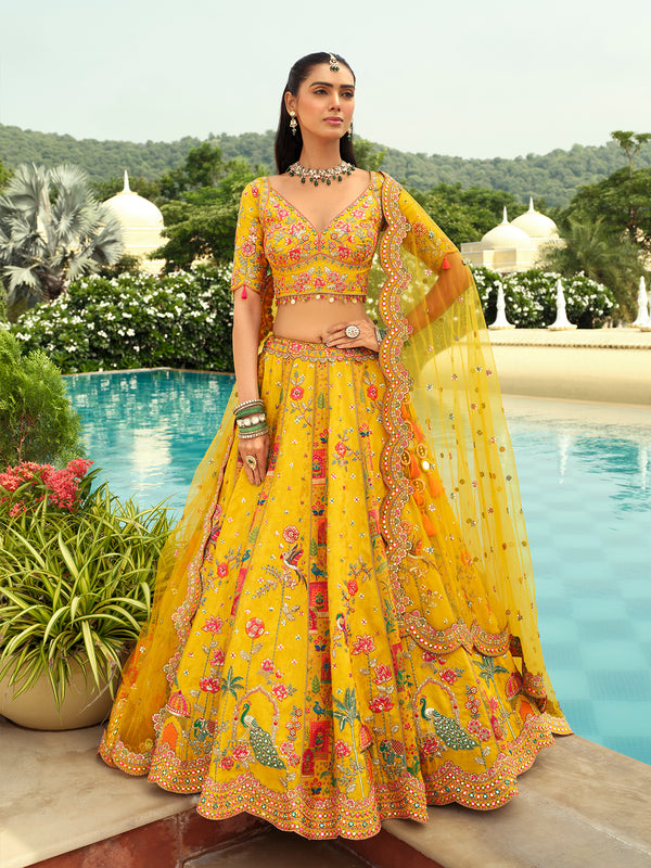 Yellow Silk Wedding Lehenga Choli with Heavy Mirror Work 