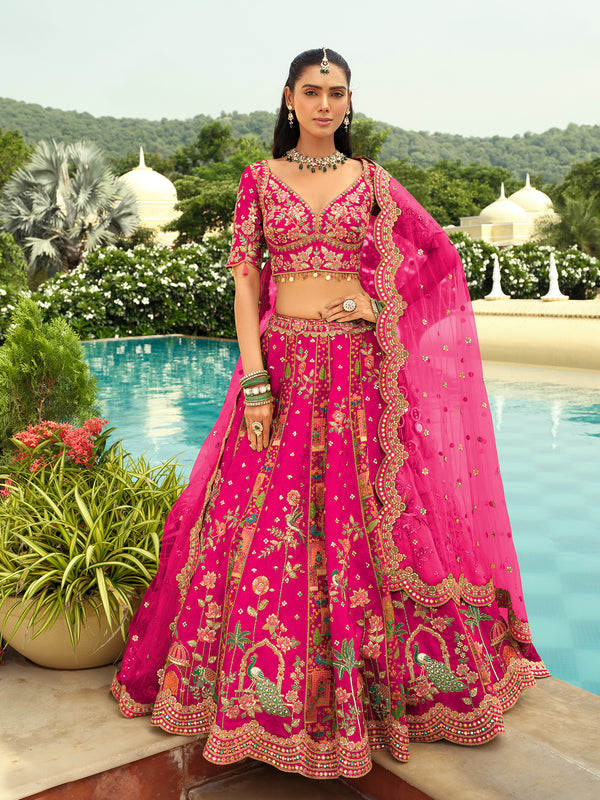 Pink Silk Wedding Lehenga Choli with Heavy Embroidery and Art Mirror Work