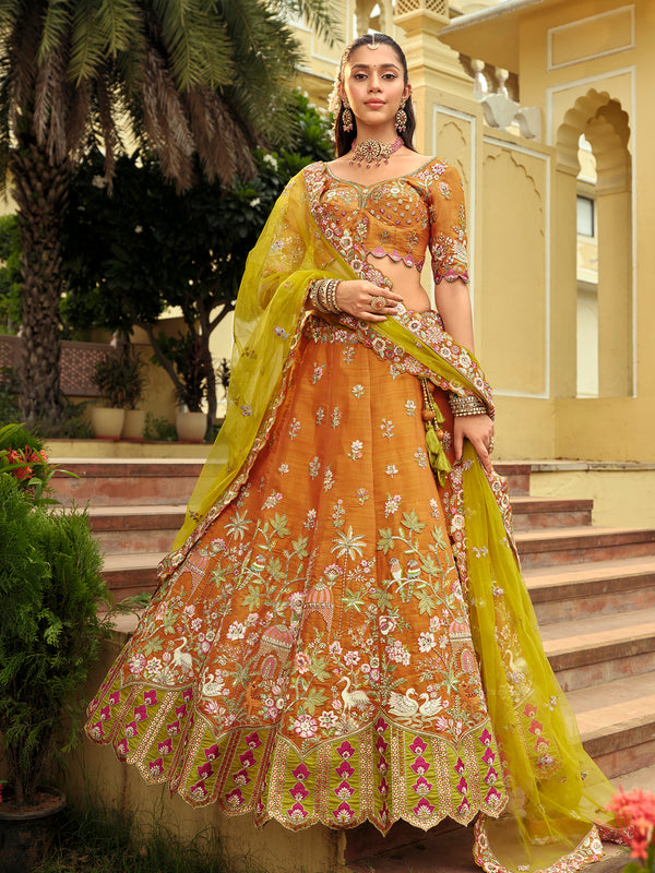 Mustard Silk Wedding Lehenga Choli with Heavy Embroidery & Mirror Work