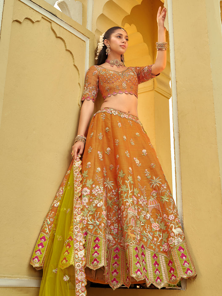 Woman wearing a traditional embroidered outfit with a yellow background