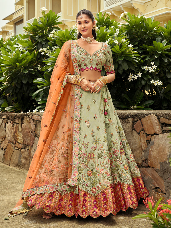 Green Silk Lehenga for Wedding with Orange Dupatta | Heavy Embroidery & Mirror Work Bridal Wear