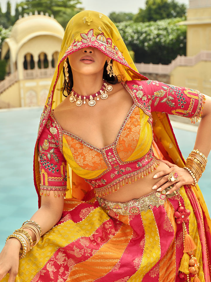 Woman in traditional colorful outfit with jewelry, outdoor setting