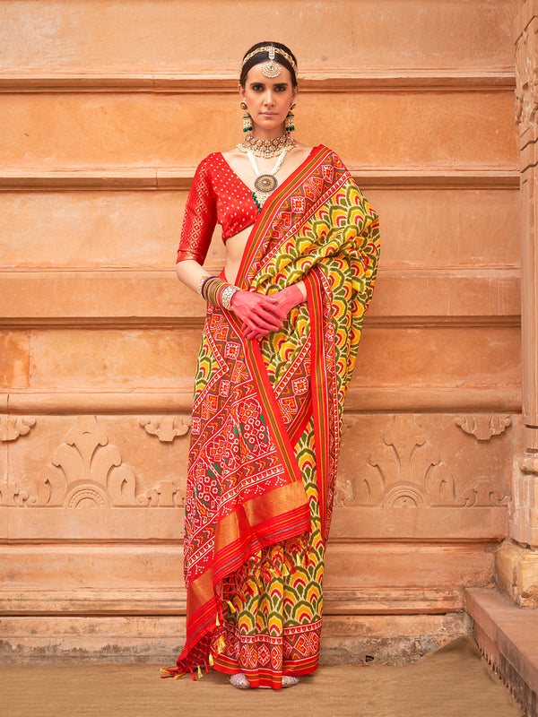 Yellow-Green Patola Designer Silk Festival Saree