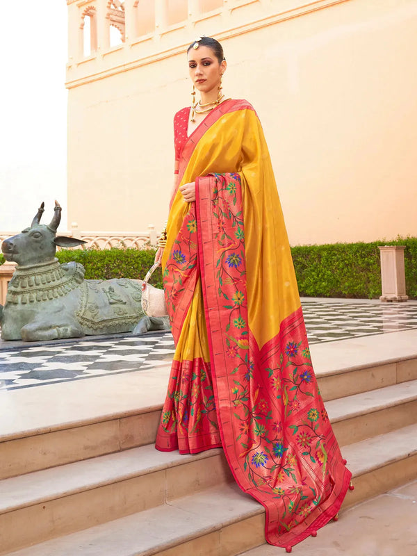 Yellow Silk Paithani Design Ethnic Saree For Festival Wear