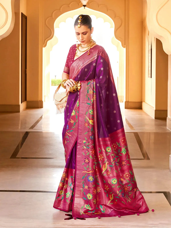 Wine Silk Paithani Design Ethnic Saree For Festival Wear