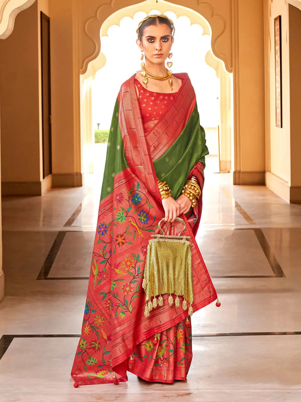 Parrot Green Silk Paithani Design Ethnic Saree For Festival Wear