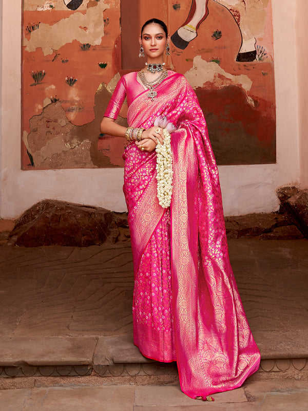 Weaving Design Banarasi Silk Weeding Saree In Pink