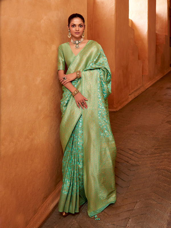 Mint Green Banarasi SIlk Weeding Saree With Weaving Work