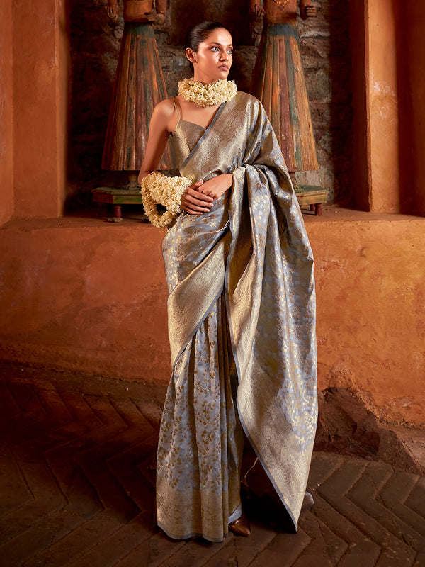 Grey Banarasi SIlk Weeding Saree With Weaving Work