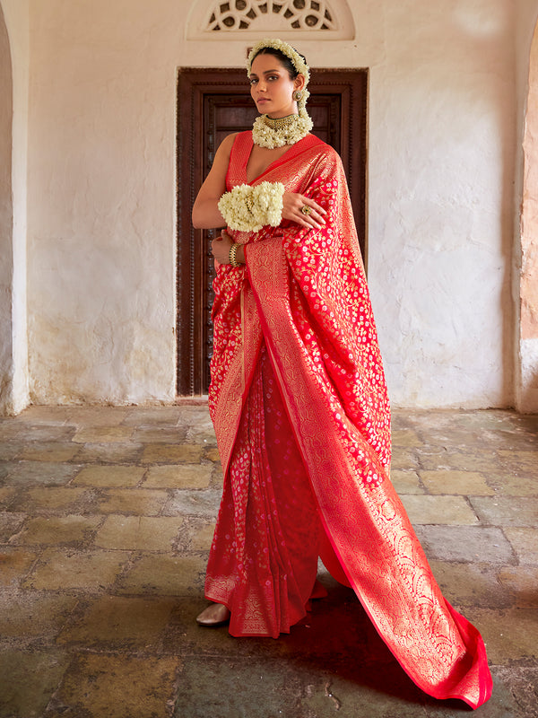 Red Designer Weaving Weeding Saree In Banarasi SIlk