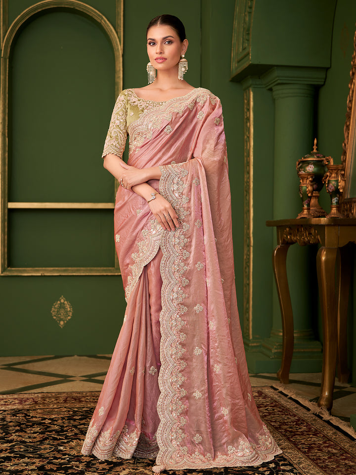 Peach Satin Georgette Saree with Green Tussar Silk Blouse | Festive Occasion Wear