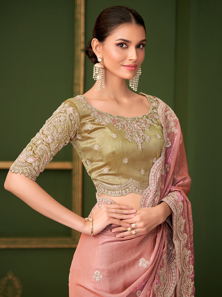 Peach Satin Georgette Saree with Green Tussar Silk Blouse | Festive Occasion Wear