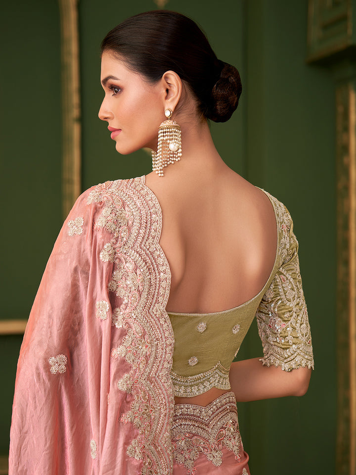 Peach Satin Georgette Saree with Green Tussar Silk Blouse | Festive Occasion Wear