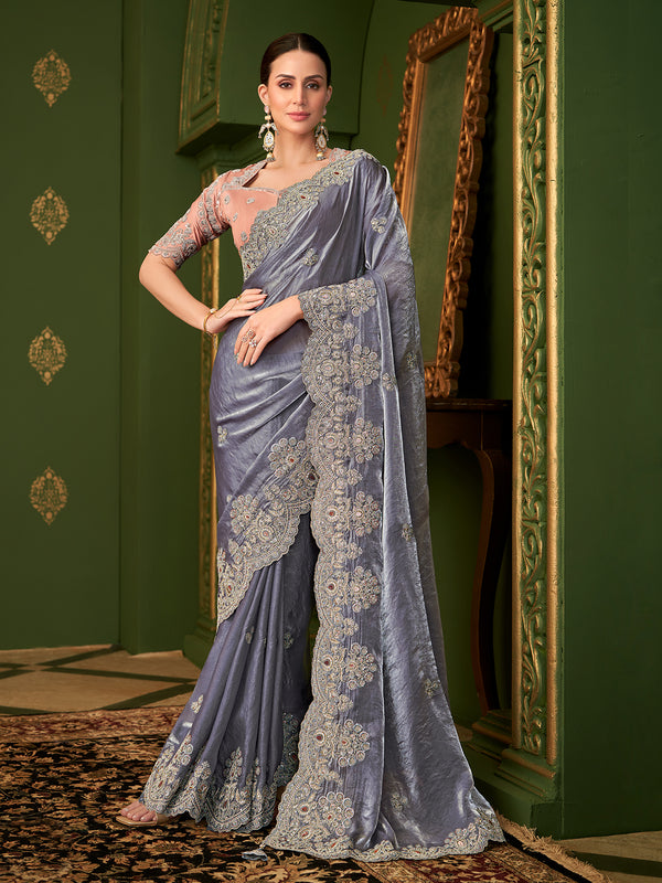 Grey Satin Georgette Saree with Pink Tussar Silk Blouse
