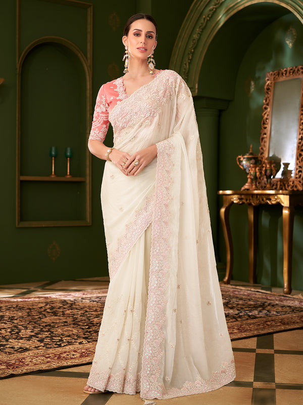 Designer White Georgette Silk Saree with Peach Blouse