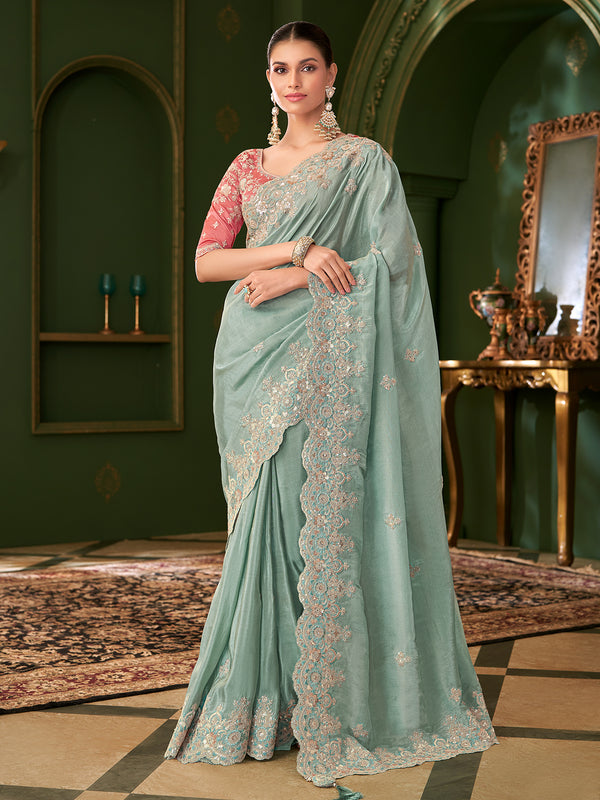 Pista Green Viscose Georgette Saree with Pink Tussar Silk Blouse
