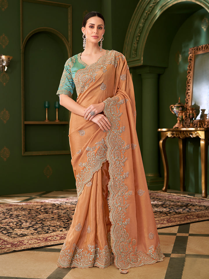 Peach Viscose Georgette Saree with Pista Green Tussar Silk Blouse | Occasion Wear