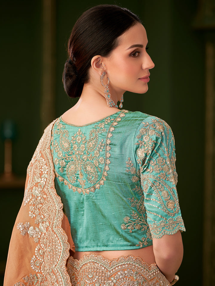 Peach Viscose Georgette Saree with Pista Green Tussar Silk Blouse | Occasion Wear