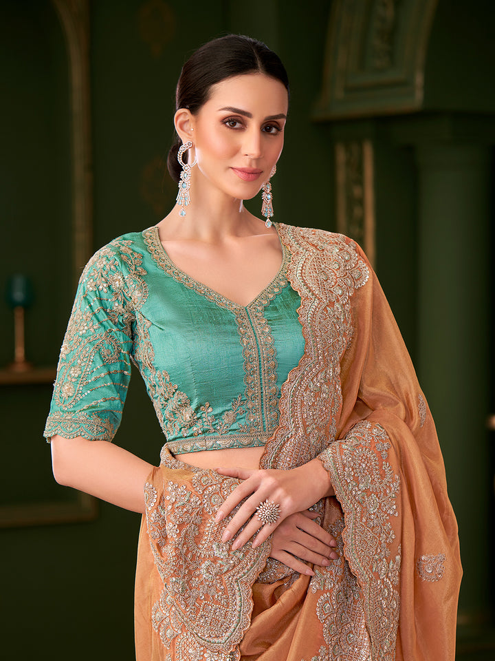 Peach Viscose Georgette Saree with Pista Green Tussar Silk Blouse | Occasion Wear