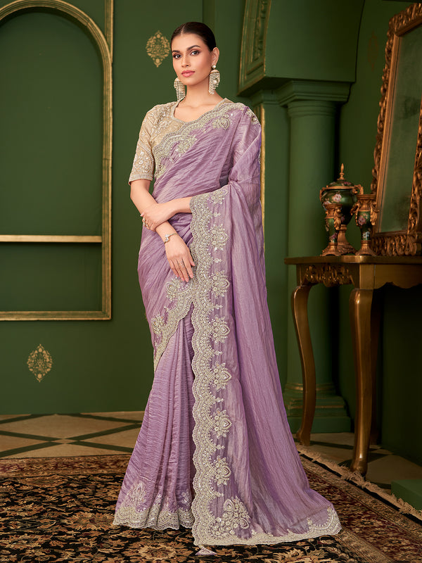 Onion Georgette Silk Saree for Occasions with Premium Silver Tussar Silk Blouse | Designer Party Wear Saree