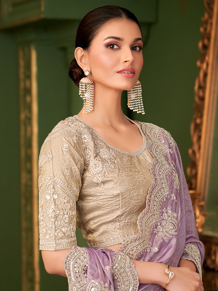 Onion Georgette Silk Saree for Occasions with Premium Silver Tussar Silk Blouse | Designer Party Wear Saree