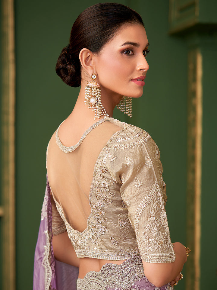 Onion Georgette Silk Saree for Occasions with Premium Silver Tussar Silk Blouse | Designer Party Wear Saree