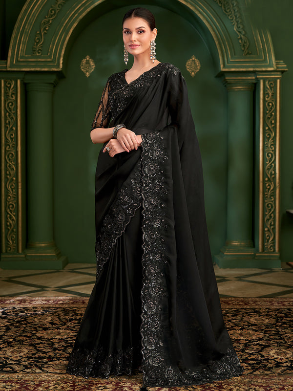 Luxury Black Satin Georgette Silk Saree for Occasions | Shop Party Wear Black Saree Online