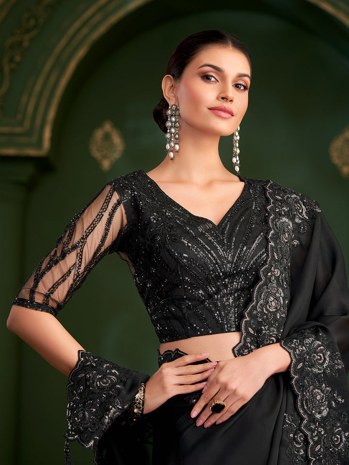 Luxury Black Satin Georgette Silk Saree for Occasions | Shop Party Wear Black Saree Online