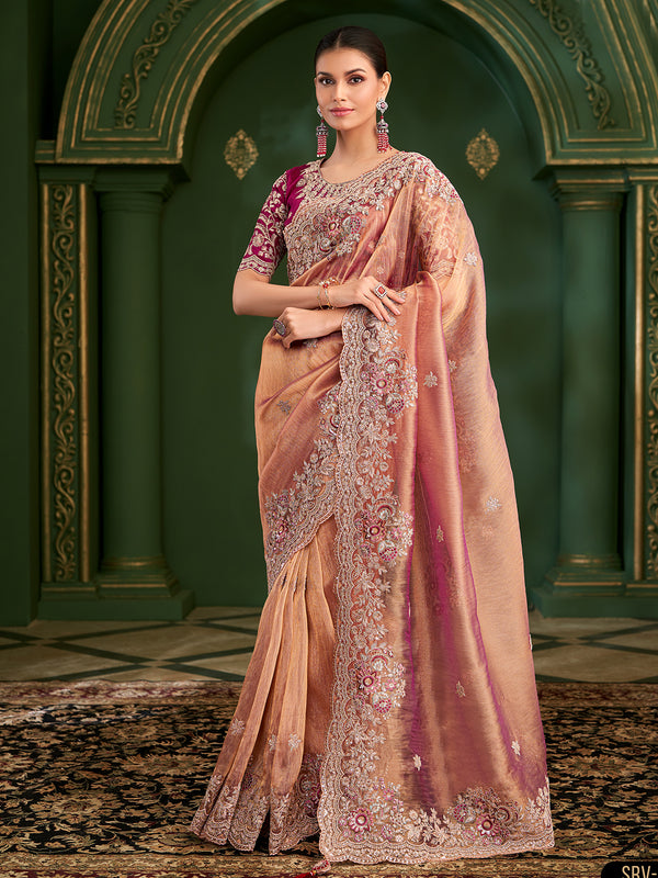 Orange Georgette Saree for Occasion Wear | Pink Tussar Silk Blouse | Designer Party Wear Saree