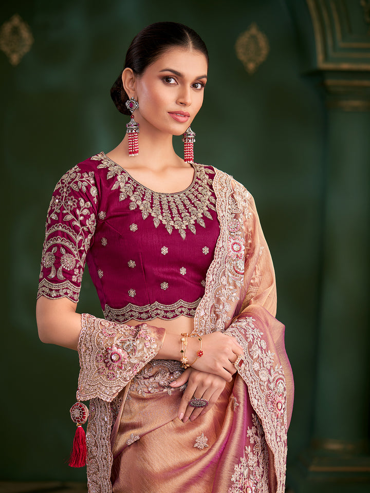 Orange Georgette Saree for Occasion Wear | Pink Tussar Silk Blouse | Designer Party Wear Saree