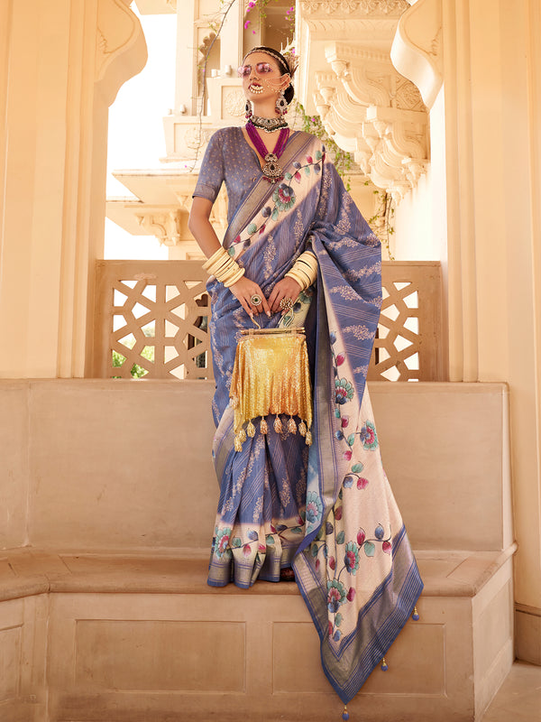 Silk Blue Flower Print Saree For Casual Wear