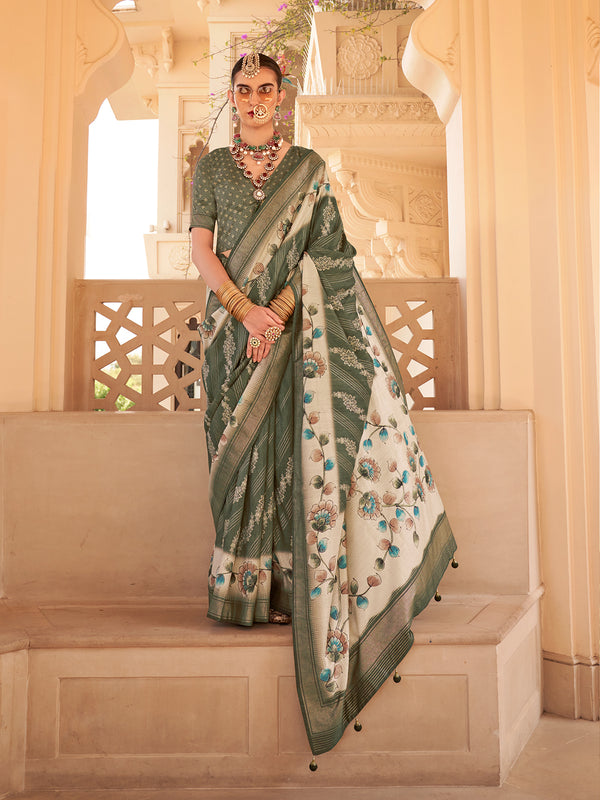 Olive Green Silk Flower Print Casual Wear Saree