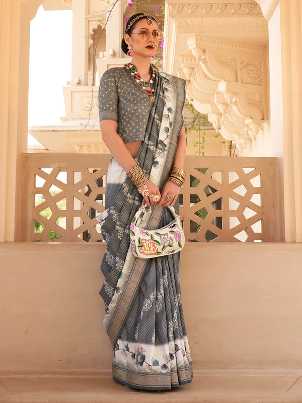 Silk Flower Print Casual Wear Saree In Grey