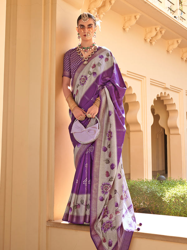 Designer Purple Flower Print Casual Wear Silk Saree