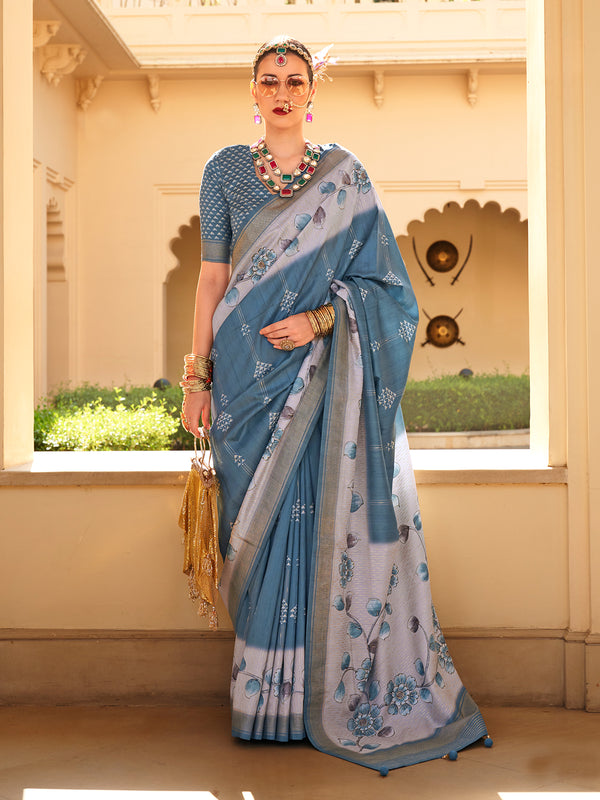 Designer Flower Print Casual Wear Silk Saree In Teal Blue