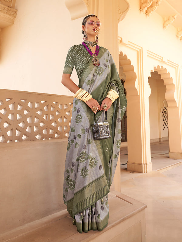 Designer Flower Print Casual Wear Silk Saree In Green