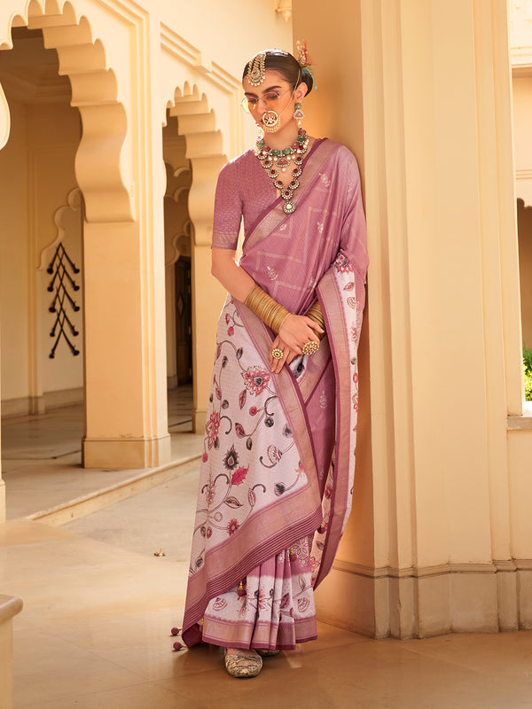 Silk Pink Flower Print Saree For Casual Wea