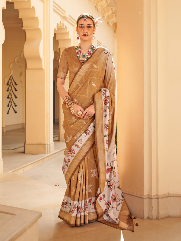 Mustard Silk Flower Print Casual Wear Saree