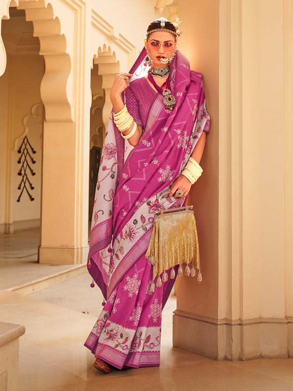 Silk Flower Print Casual Wear Saree In Pink